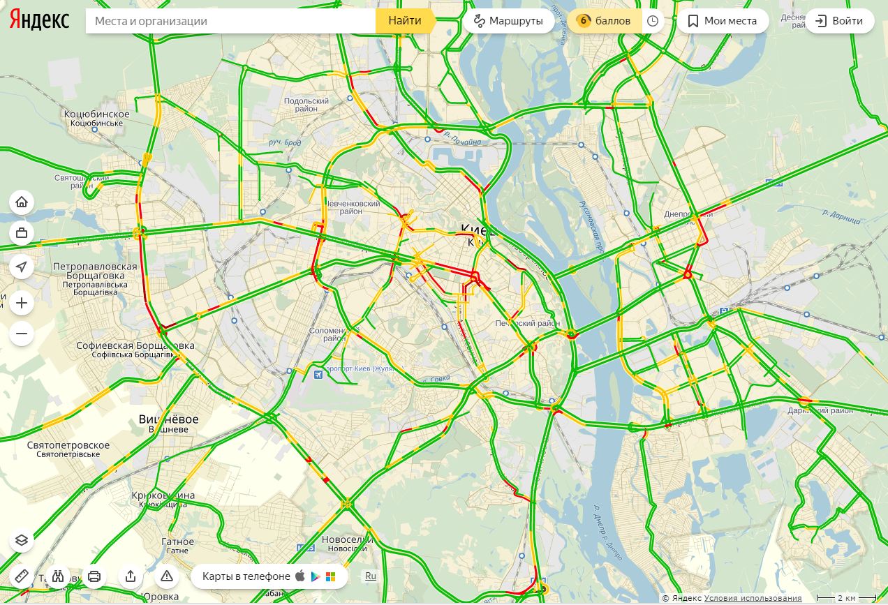 Затори у Києві досягли 6 балів