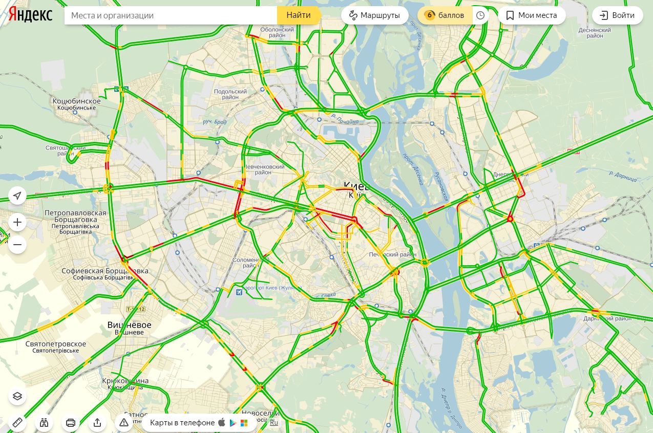 Затори у Києві досягли 6 балів