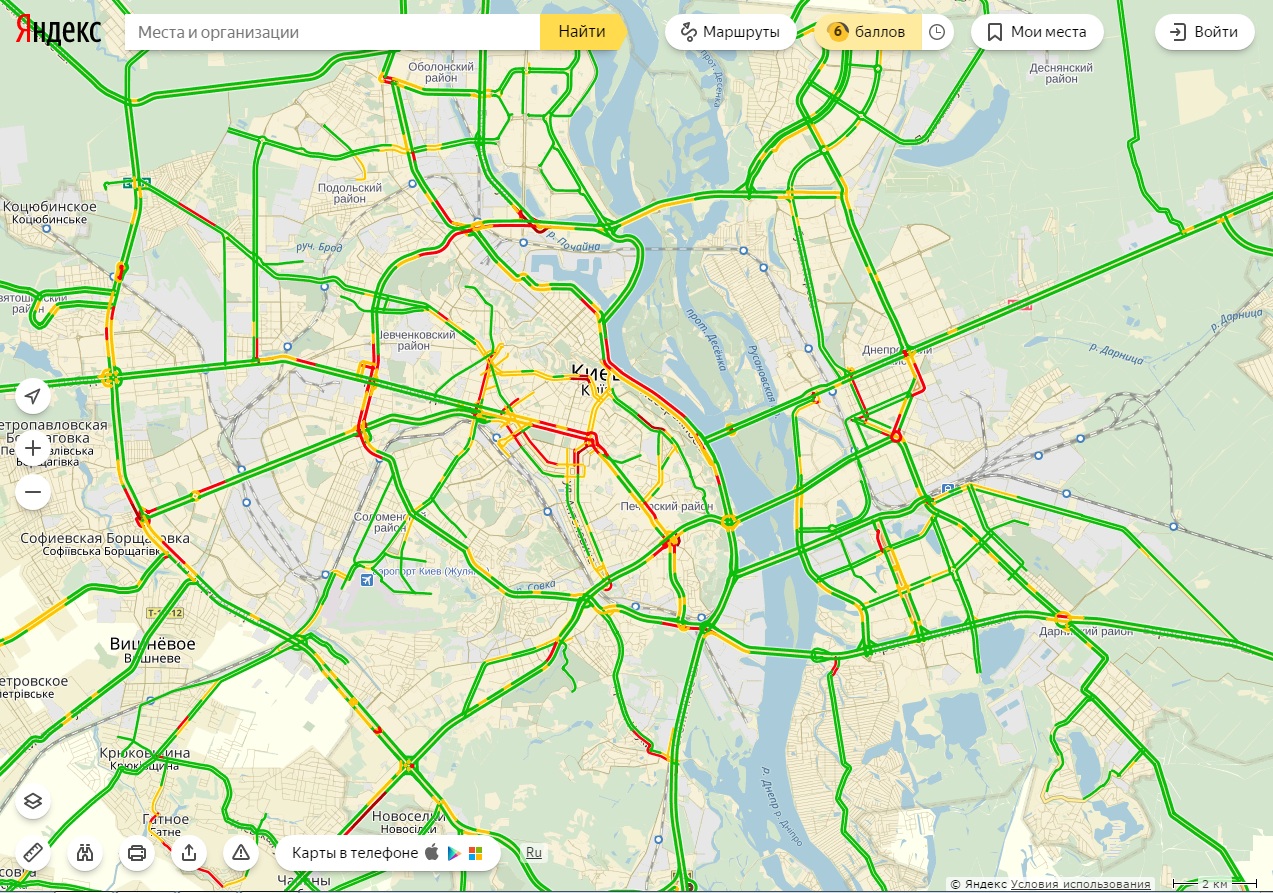 Пробки в Киеве достигли 6 баллов