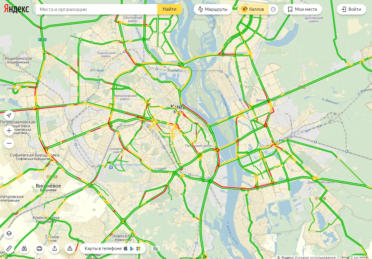 Затори у Києві досягли 6 балів