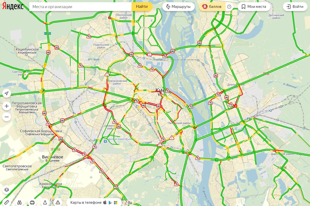 Затори у Києві досягли 8 балів