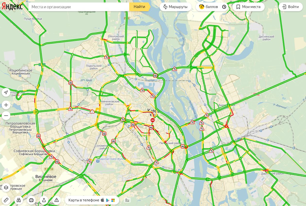 Затори у Києві досягли 6 балів