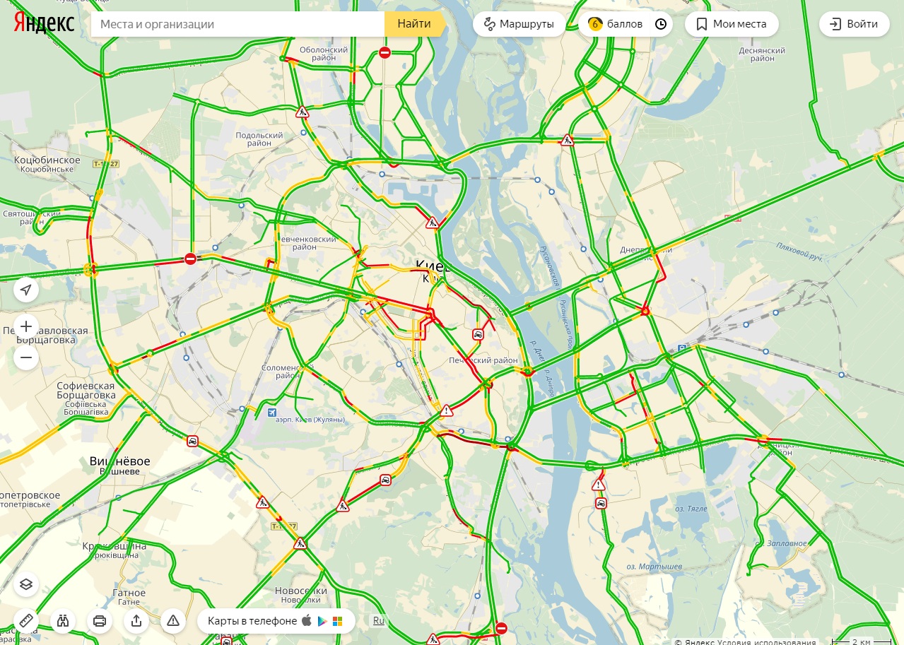 Пробки в Киеве достигли 6 баллов