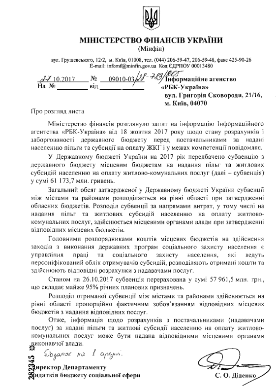 У Мінфіні розповіли про рівень розрахунків держбюджету по пільгах і субсидіях на послуги ЖКГ