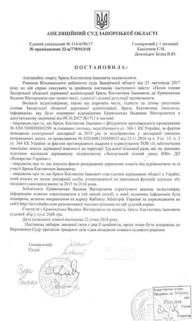 Председатель Запорожской ОГА Брыль выиграл суд против депутата Кривохатько