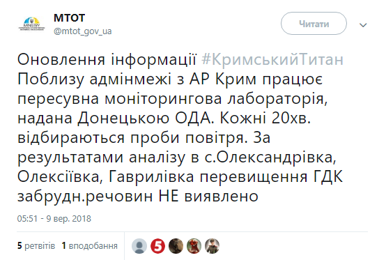 МінТОТ: на межі з Кримом працює моніторингова лабораторія