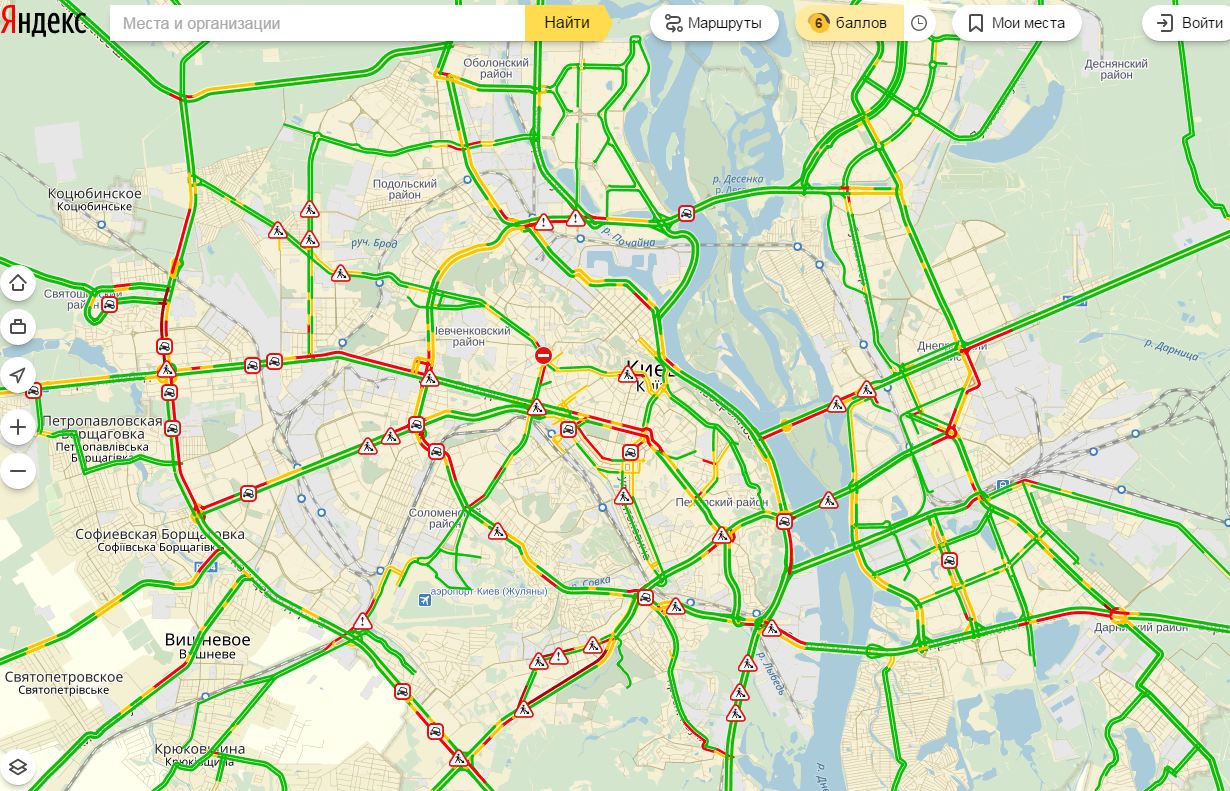 Затори у Києві досягли 6 балів