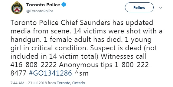 Число пострадавших в результате стрельбы в Торонто выросло до 14, есть погибшая