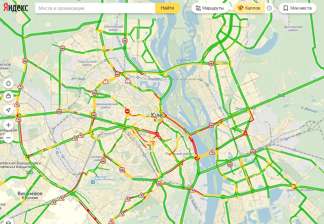 Затори у Києві досягли 6 балів
