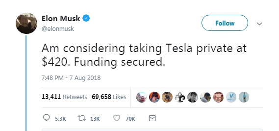 Маск заявив про намір викупити Tesla
