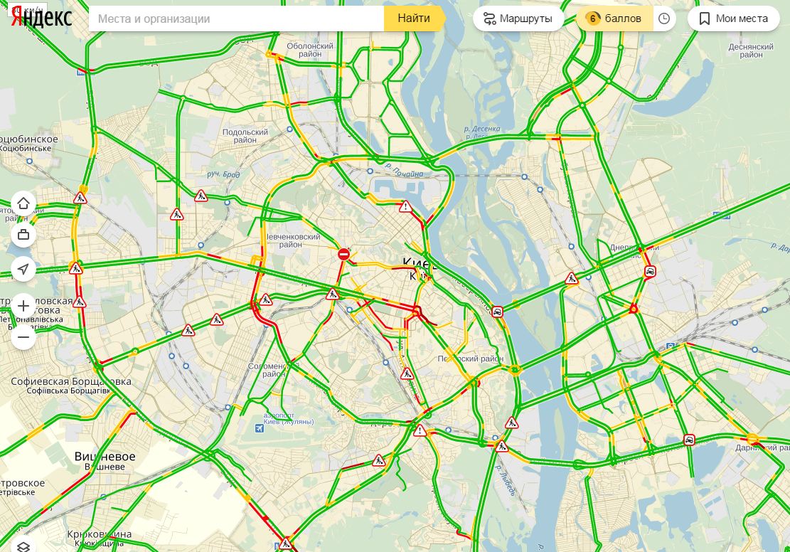 Затори у Києві досягли 6 балів