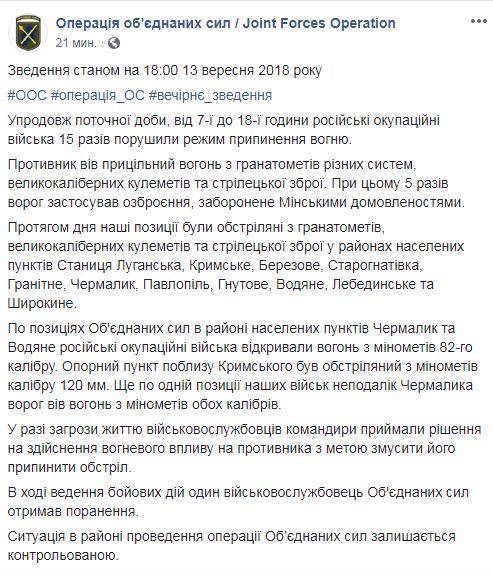 На Донбасі за день поранено одного українського військового, - ООС