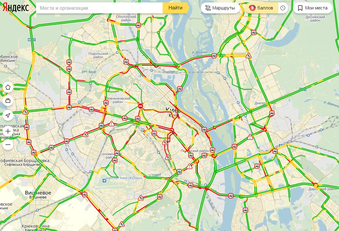 Пробки в Києві сягнули 9 балів