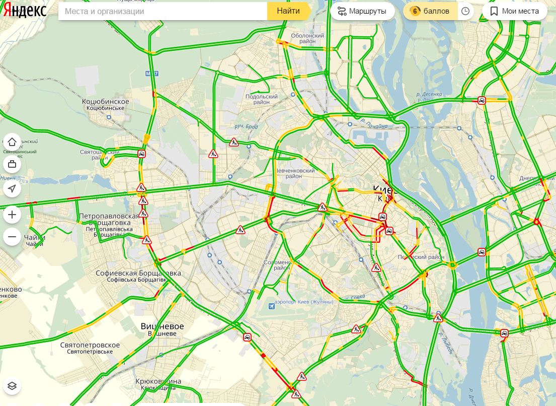 Затори у Києві досягли 6 балів