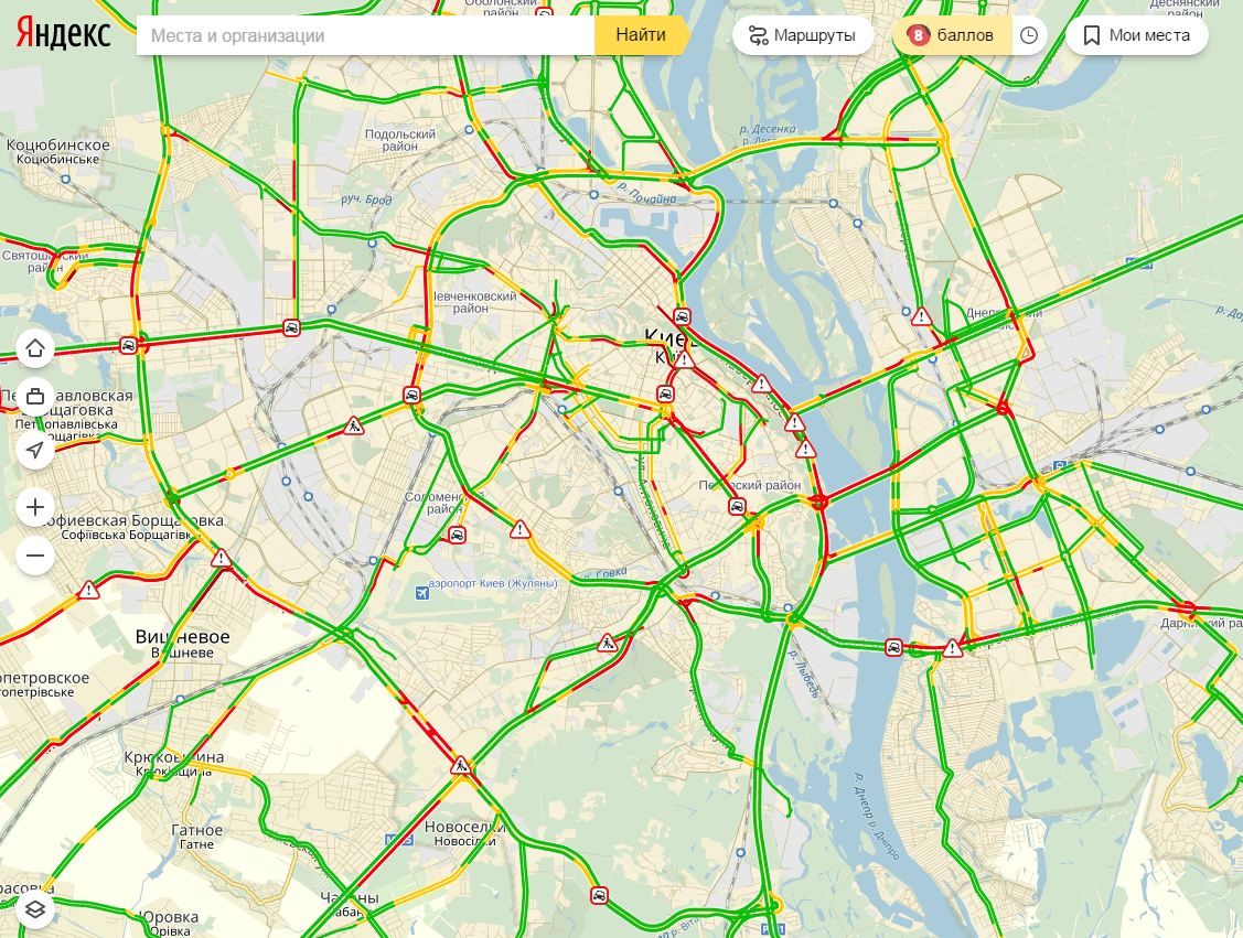 Затори у Києві досягли 8 балів