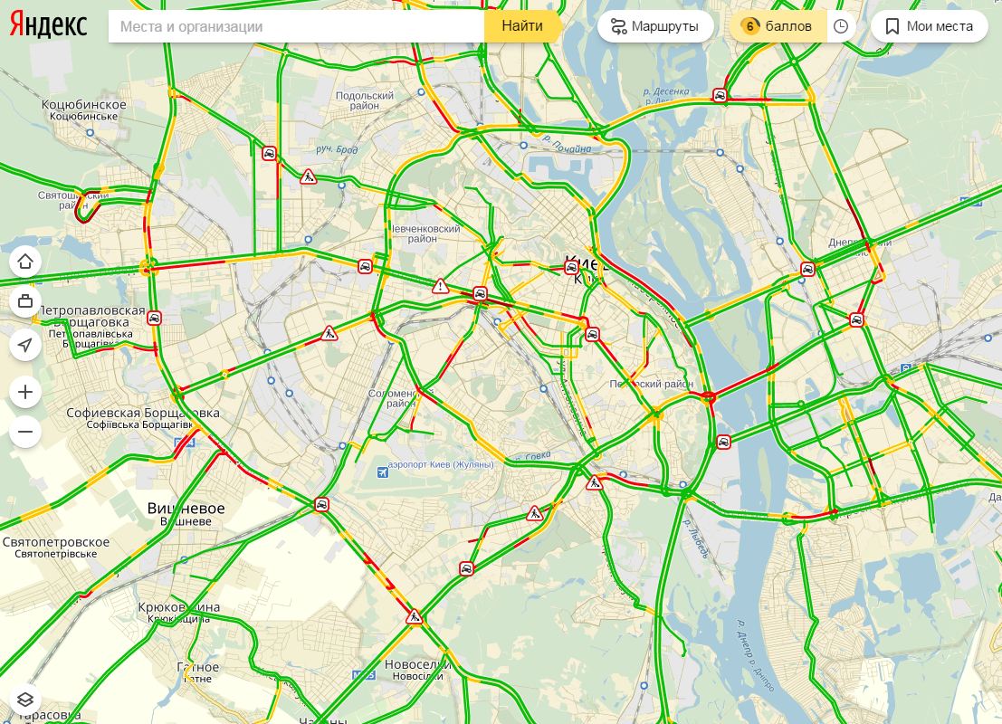 Затори у Києві досягли 6 балів