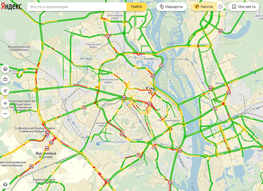 Затори у Києві досягли 6 балів