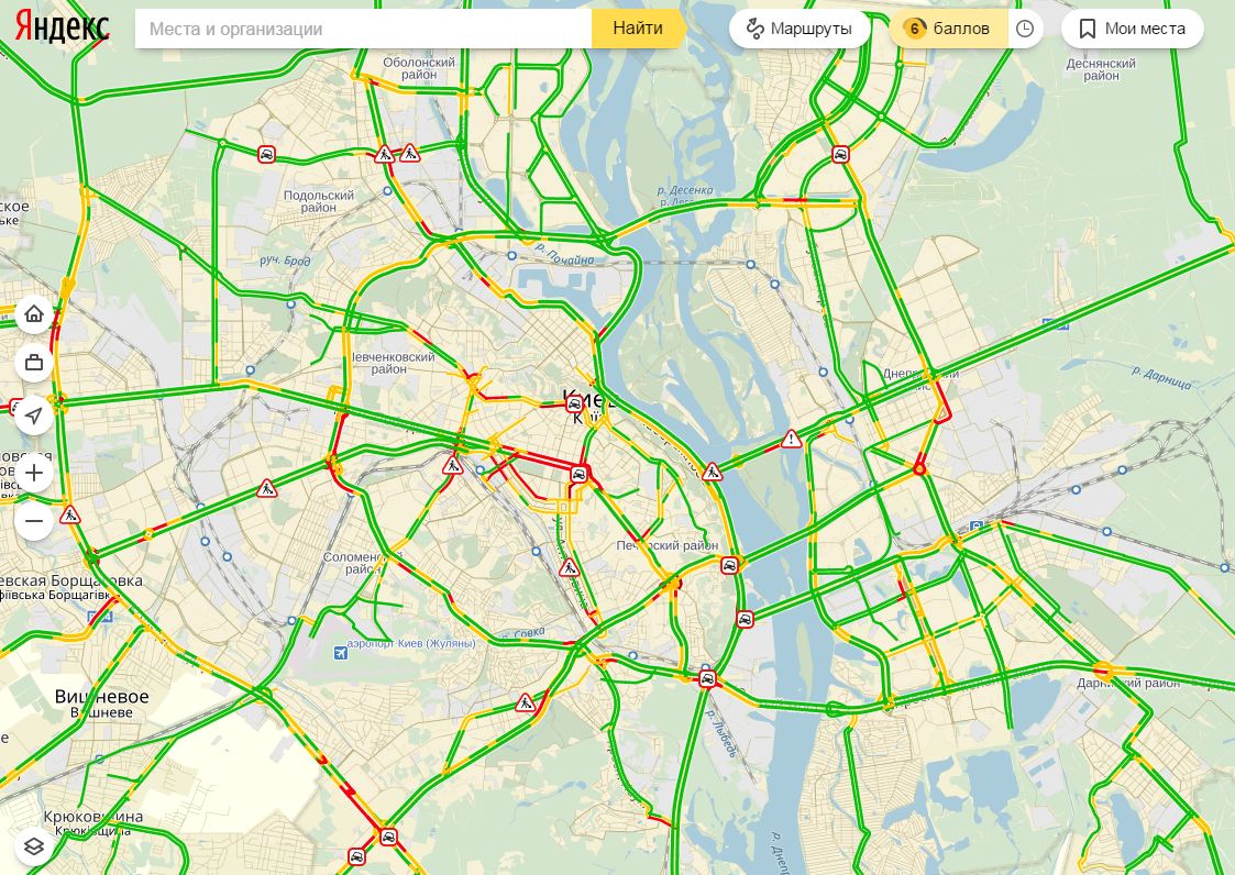 Затори у Києві досягли 6 балів