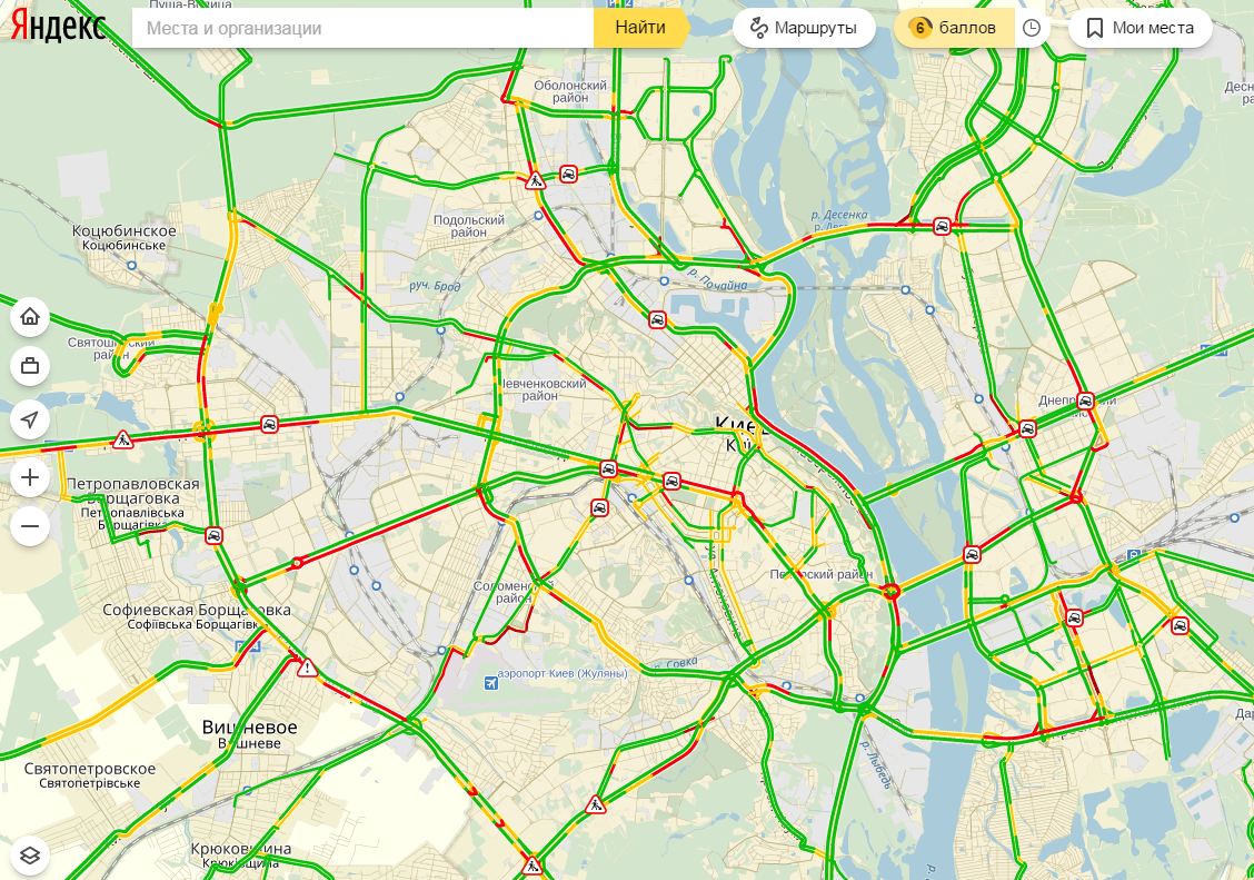 Затори у Києві досягли 6 балів