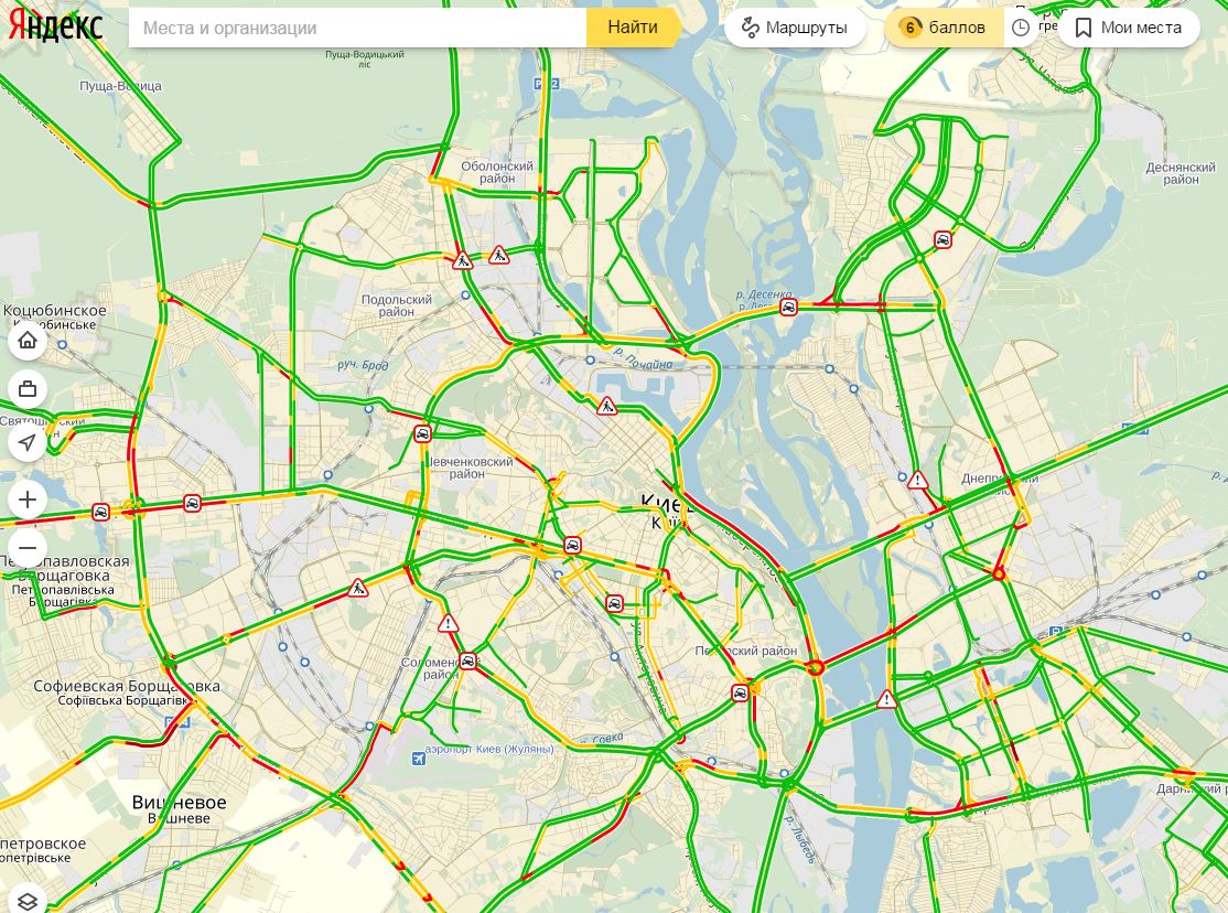 Затори у Києві досягли 6 балів