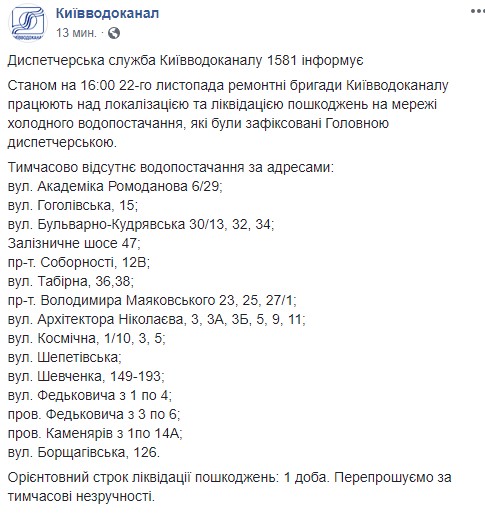 В Києві відключили воду на 15 вулицях через аварію на мережі водопостачання