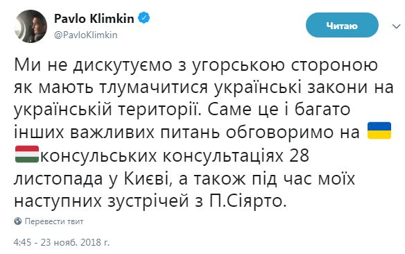 Климкин: мы не дискутируем с Венгрией о толковании украинских законов в Украине