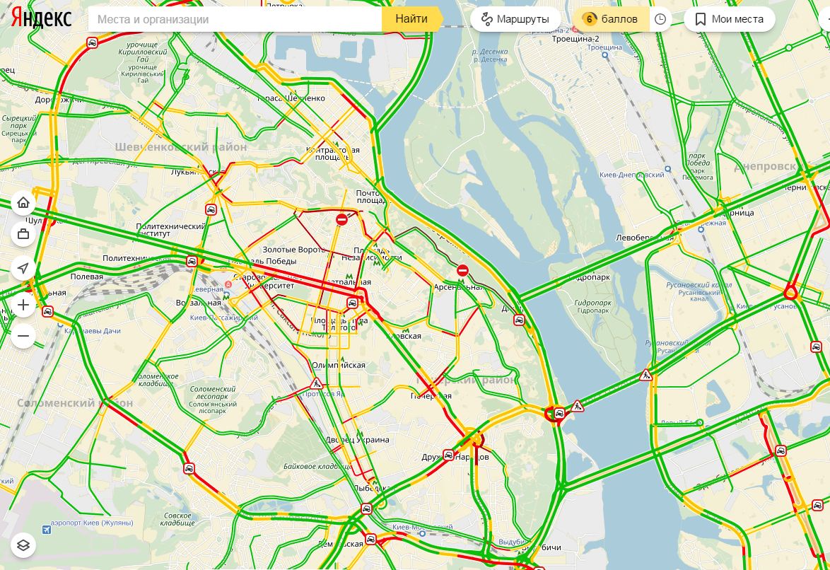 Затори у Києві досягли 6 балів
