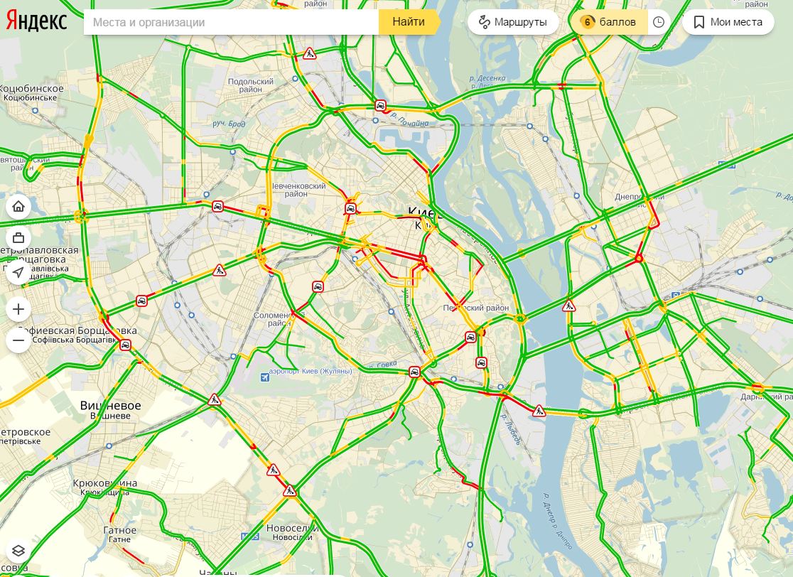 Затори у Києві досягли 6 балів