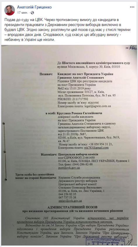 Гриценко подал иск к ЦИК