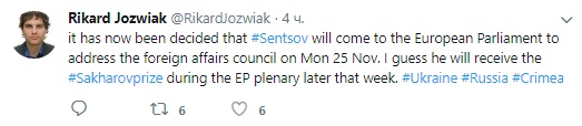 Сенцов посетит Европарламент в конце ноября