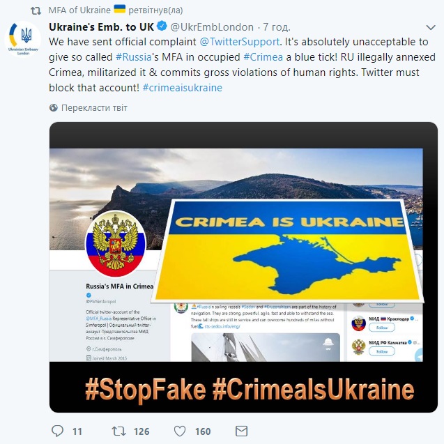 Украина требует заблокировать страницу МИД РФ в Крыму в Twitter