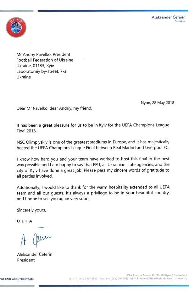 Президент УЄФА подякував голові ФФУ за фінал Ліги чемпіонів
