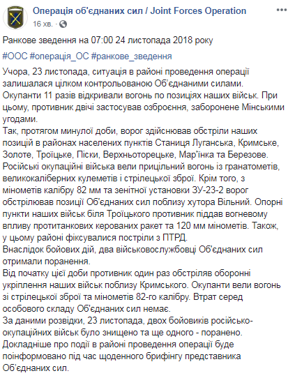 На Донбасі за добу поранено двох українських військових