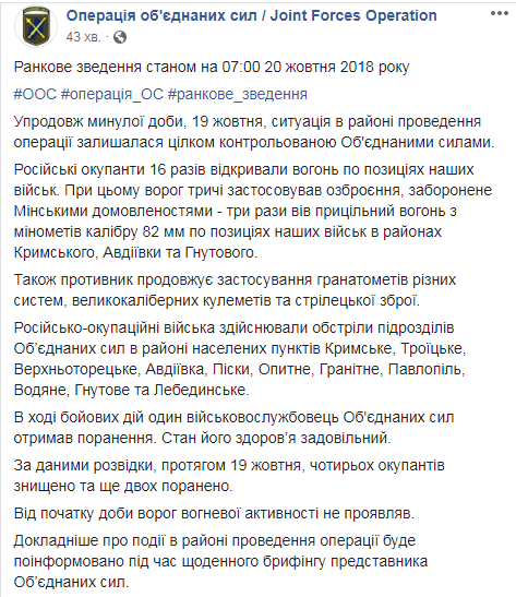 На Донбасі за добу поранено одного українського військового