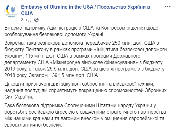 Украина получит от США более 390 млн долларов помощи