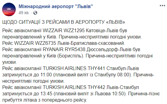 Аеропорт "Львів" затримав та скасував ряд рейсів через туман
