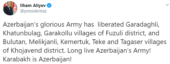 Азербайджан заявил об освобождении еще ряда поселений в Карабахе