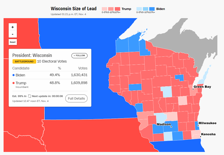 Штаб Трампа потребует пересчитать голоса в Висконсине, где лидирует Байден