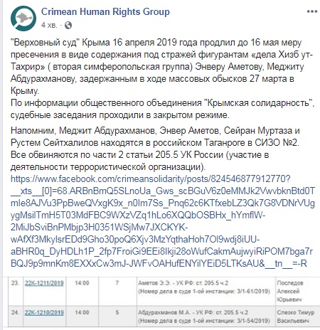 Ще двом фігурантам "справи Хізб ут-Тахрір" у Криму продовжили арешт