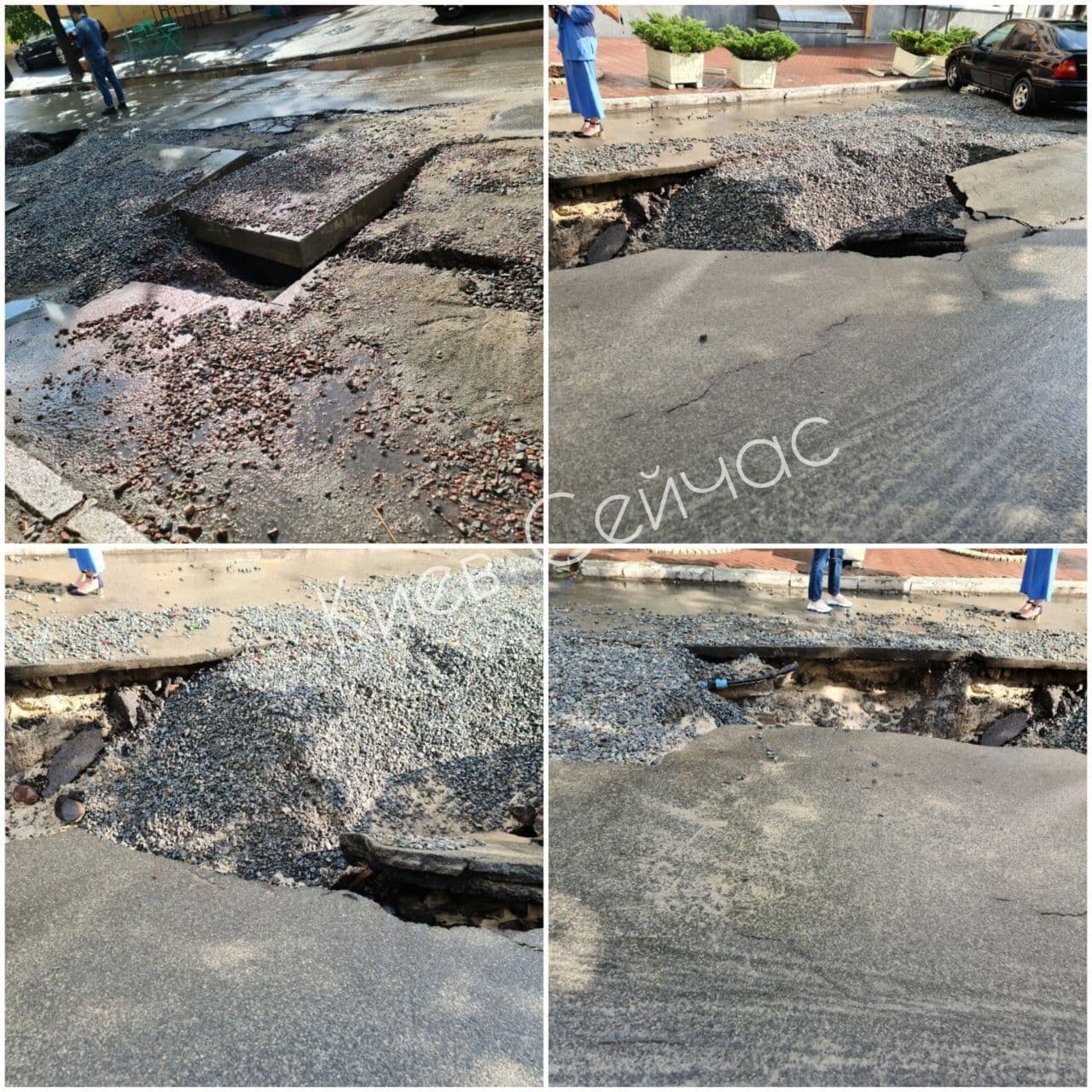 В центре Киеве после сильного дождя размыло дорогу: Мерседес провалился под асфальт