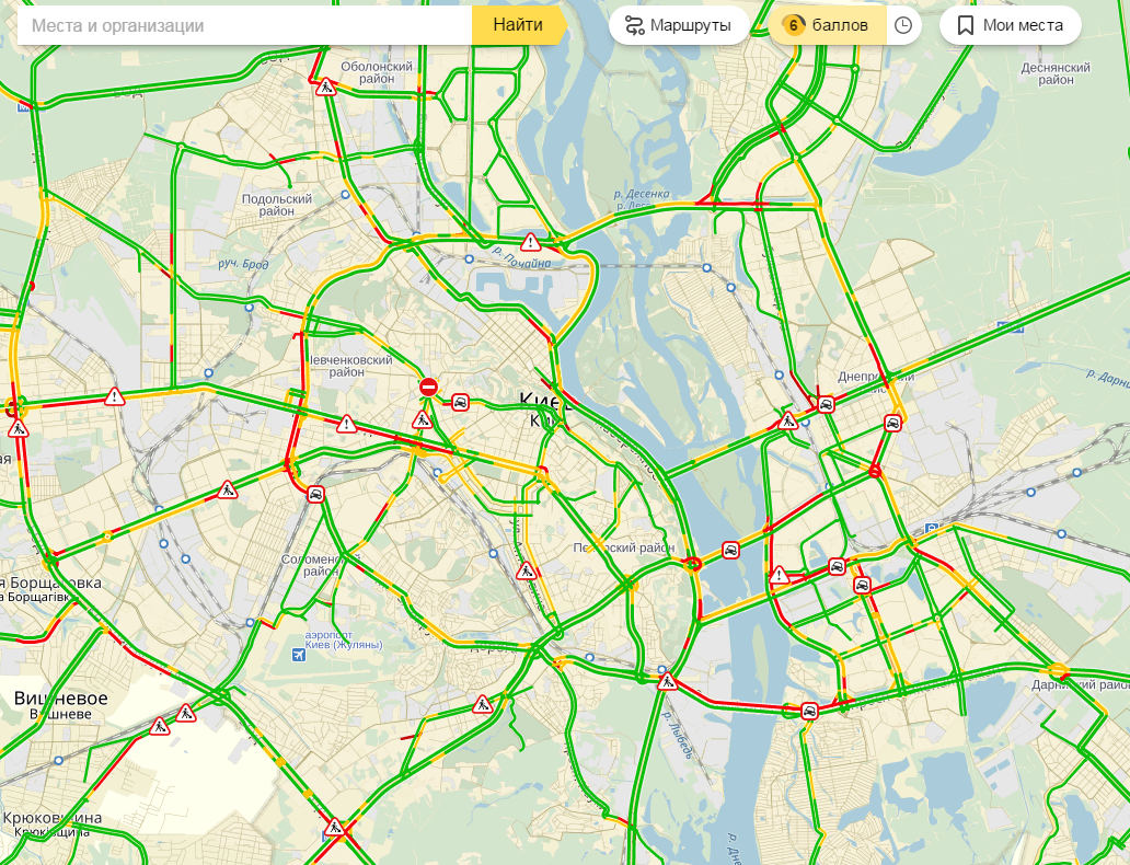 у Києві затори досягли 6 балів