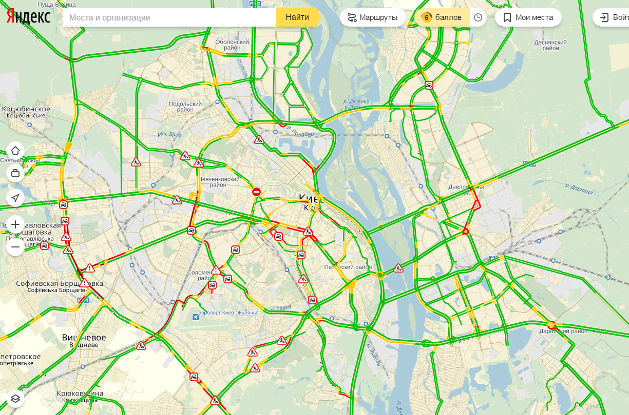 затори у Києві досягли 6 балів