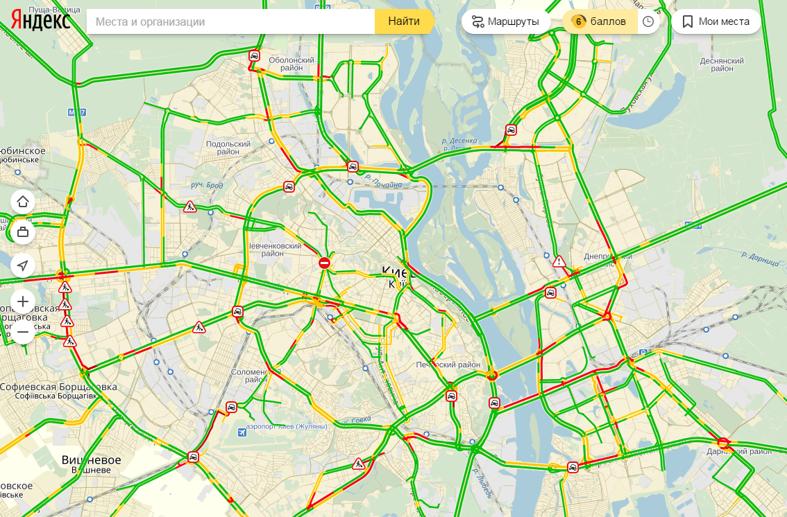 Затори у Києві досягли 6 балів