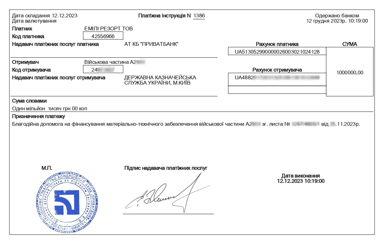 Emily Resort та його засновник Козловський передали на ЗСУ 2 млн гривень