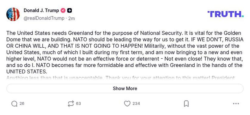 Гренландия нужна США для "Золотого купола", иначе ее заберет РФ или Китай, - Трамп