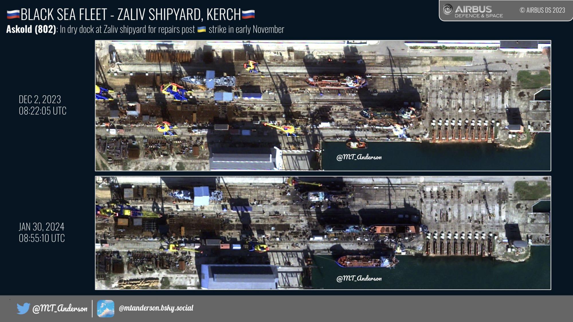 Россияне не ремонтируют поврежденный в Керчи корвет "Аскольд": спутниковые снимки