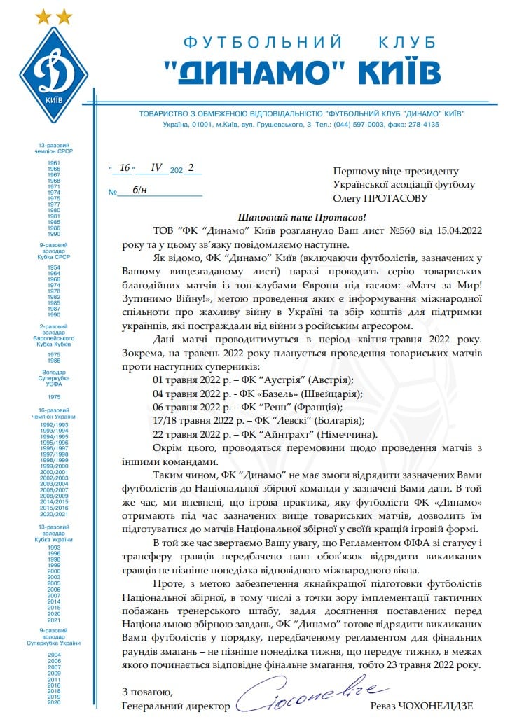 "Динамо" відмовилося відпускати гравців до збірної України: у мережі з'явився документ