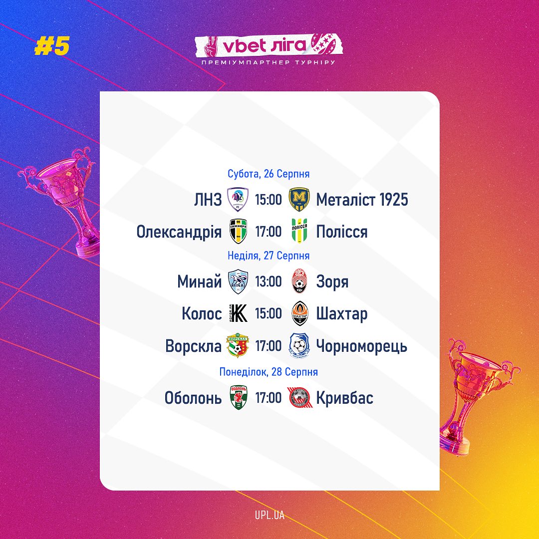 Продовження УПЛ 26-28 серпня: повний розклад матчів п'ятого туру