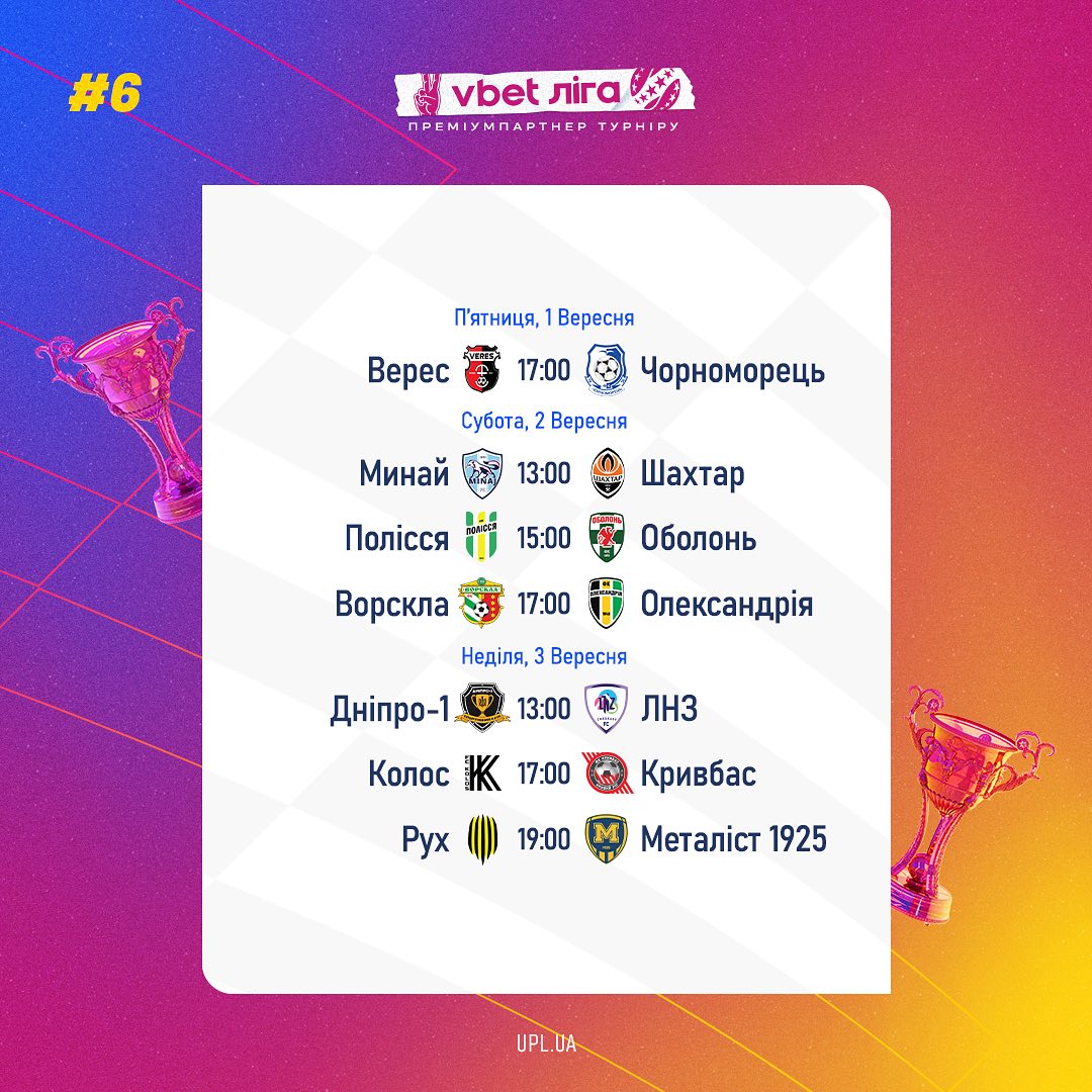Продовження УПЛ 1-3 вересня: повний розклад матчів шостого туру