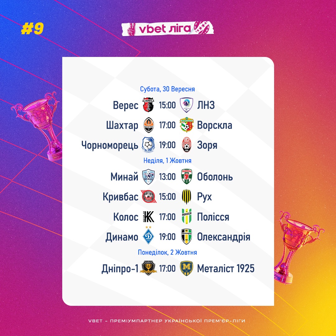 Продовження УПЛ 30 вересня-2 жовтня: повний розклад матчів дев'ятого туру